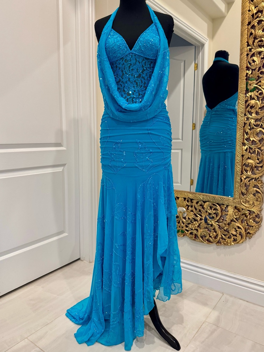 Turquoise Halter Evening Gown - Elegant Women's hand beaded Dress stretch fabric